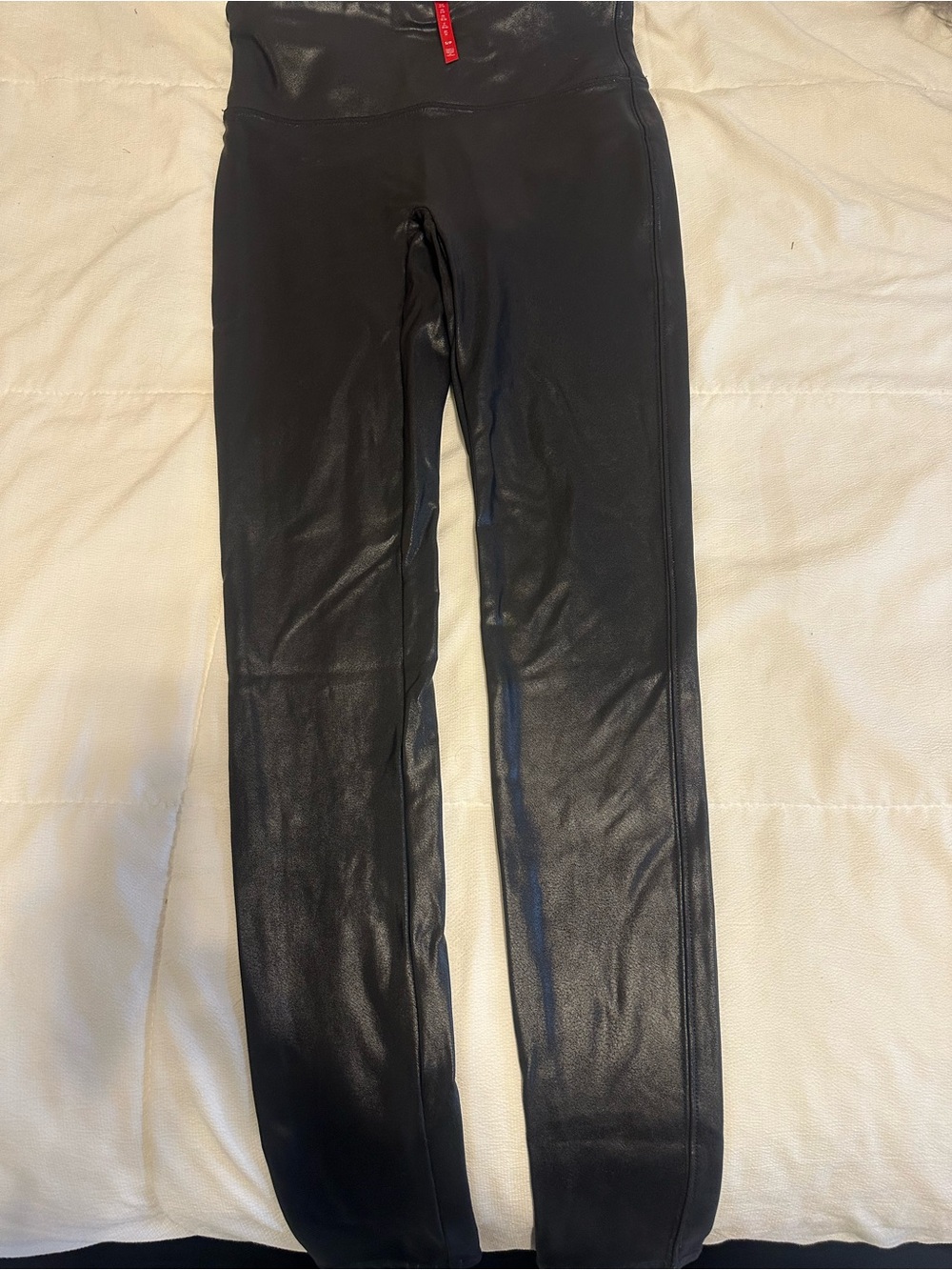 SPANX Black Faux Leather-Effect Leggings with Red Brand Tag